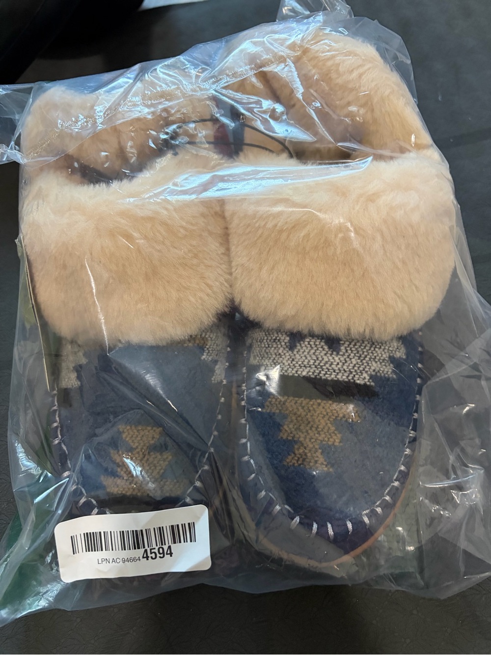 Women’s Navy Blue Faux Fur Cuff Moccasin Slippers